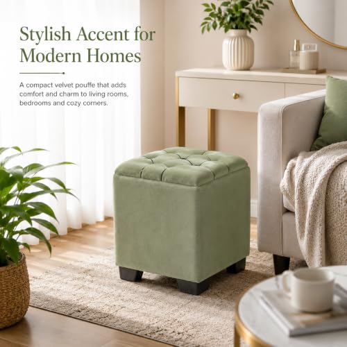 Image of Velvet Cube Ottoman | Seating Stool for Living Room | Soft Cushioned Footrest Stool with Durable Plastic Legs | Multipurpose Seating, Pouffe Home Decor, 12x12x14 inch (Light Green)