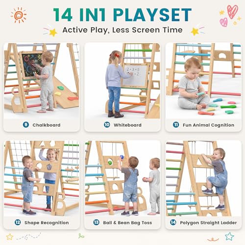 Image of BlueWood Upgraded Indoor Jungle Gym 14-in-1 Playground Kids Climbing Toys, Waldorf Style Wooden Climber Playset with Slide, Swing, Monkey Bars, Upright /Rope Ladder, Climb Net, Colorful