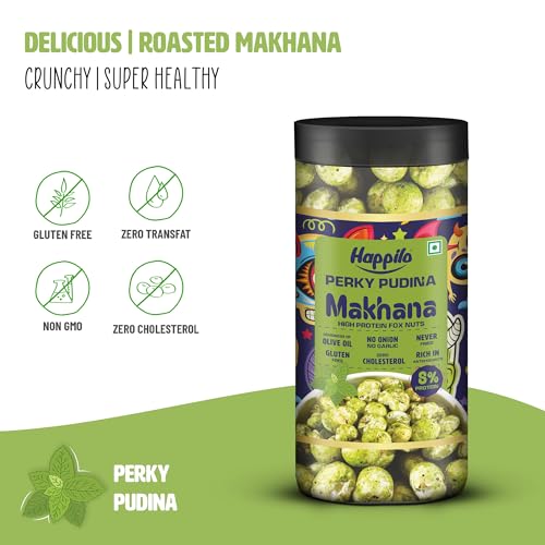 Image of Happilo Makhana Perky Pudina Jar 80g, Roasted Foxnut Healthy Snack Low Calorie and Vegan (Pack of 2)