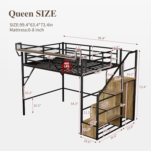Image of Queen Size Metal Loft Bed with Storage Shelf Built-in USB Port | Heavy Duty Loft Bed with Storage Stairs & Wardrobe+ LED Lights, Large Under-Bed Area, Noise Free, No Box Spring Needed