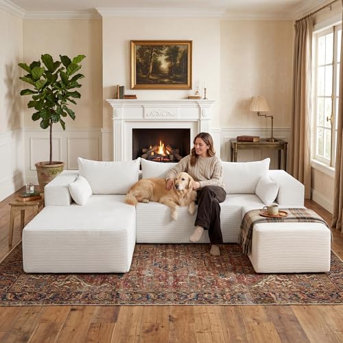 Image of 106 inch Cloud Sectional Boneless Couches for Living Room, Modular U Shaped Couch with Deep Seat, Removable Ottoman, Memory Foam Compressed Spineless 4 Seater Sofa for Bedroom Apartment, Beige