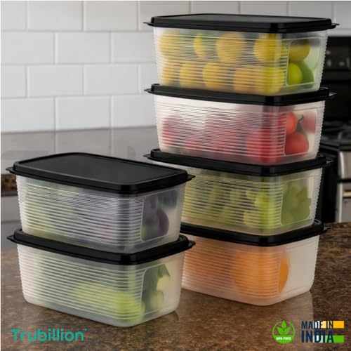 Image of PureChill Set of 6 Fridge Storage Containers 1800ml BPA Free Food Grade Plastic Stackable Transparent Boxes Freezer Safe for Vegetables Fruits Snacks Kitchen Made in India