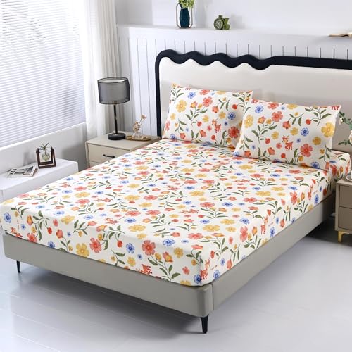 SDIII Pink Yellow Floral Twin Fitted Sheet with 2 Pillowcases, Not Including Flat Sheet, Cute Fawn and Floral Sheets Deep Pocket, Flower and Animal