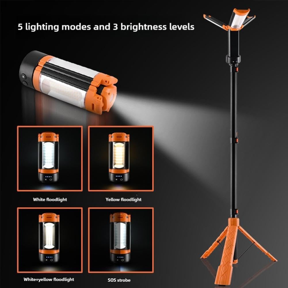 Portable Camping Light with Stand 6ft Max Height, Rechargeable Cordless Work Light with 3 LED Lamp Heads, 2500 Lumens Dimmable Magnetic Emergency Flashlight with Detachable Tripod
