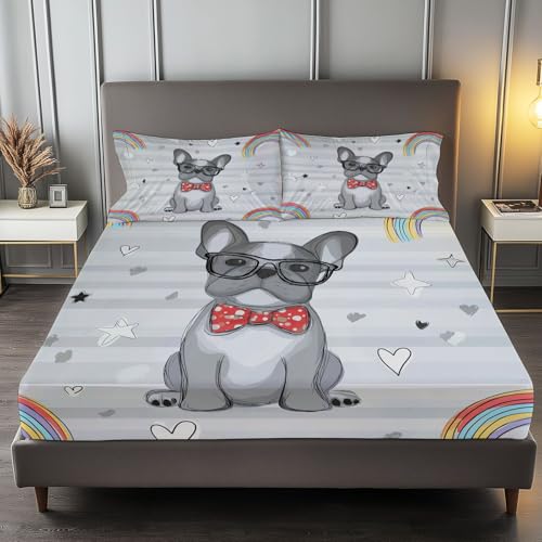 Animali Bulldog Francese Lenzuola Una Piazza e Mezza con Angoli Grigio, 135 x 190 cm Lenzuola in Microfibra con Angolo Fino a 30 cm, Set completo da letto con 2 federe