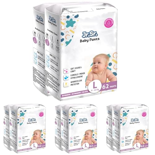 Image of Jr. Sr. Baby Diaper Pants | Large (L) Size (9-14 kg), 124 Count | Pack of 8 | Upto 12 hr Absorption with Advanced Leak Protection | Safe For Babies Skin | Soft, Secure & Comfy