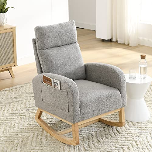 Image of Krinana Nursery Rocking Chair with Solid Wood Legs, Glider Chair for Nursery with Two Side Pockets, Rocker Armchair for Living Room Bedroom (Grey, Teddy Fabric)