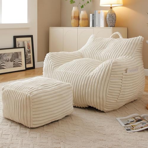 Eyisean 27.5''W Corduroy Bean Bag Chair with Ottoman, Bean Bag Chairs with Pocket, Comfy Chaise Lounge with Handle, Comfy Floor Sofa for Gaming Reading Relax (Beige)