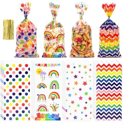 100 PCS Rainbow Candy Bags, Cellophane Treat Bags, Small Cello Gift Bags, 11 x 5 Goodie Favor Bags, Candy Bags for Party Favors, Rainbow Star Dot Stripes Printed Treat Bags for Summer Camp, Birthday Cover