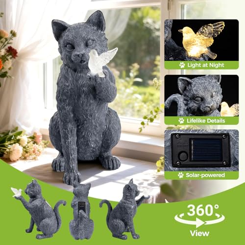 Autumnswan Solar Cat Garden Outdoor Statues, Cat Sculpture with Glowing Bird Light, Lawn Decoration, 10 Inches Tall, for Patio, Balcony, Garden, Yard, Birthday Gift for Mom, Grandma and Women - image 2