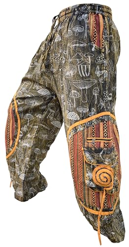 Gheri Pantalon Ali Baba pour hommes en coton lavé à la pierre avec imprimé champignon et broderie Chakra, moutarde, S/M