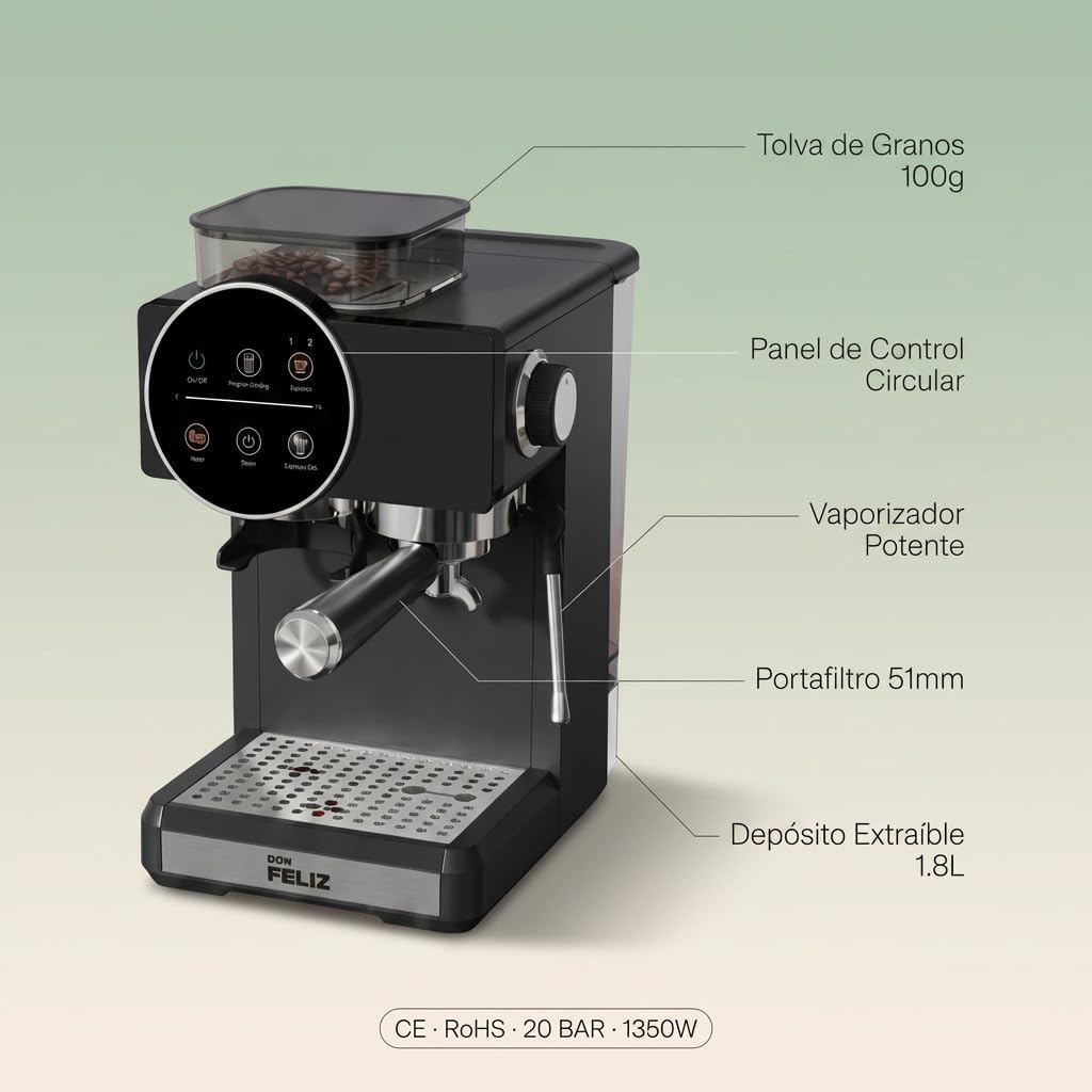 Don Feliz Cafetera Superautomática con Molinillo Integrado, 20 Bar, 1350W, Depósito 1.8L, Vaporizador de Leche, Portafiltro 51mm, Panel de Control Táctil