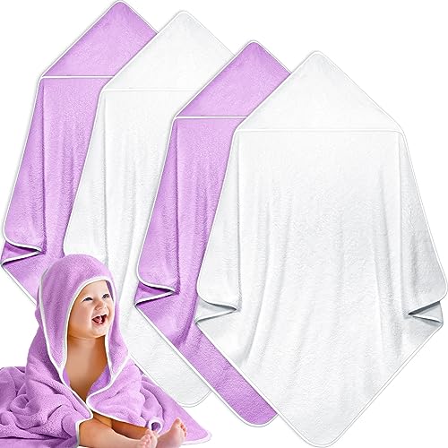 Image of Reginary 4 Pack Baby Hooded Towels Coral Fleece Baby Bath Towels 30 x 30 Inch Soft Absorbent Hooded Bath Blanket for Newborn Toddler Infant Boy Girl Shower Gift Supplies (Beige, Purple)