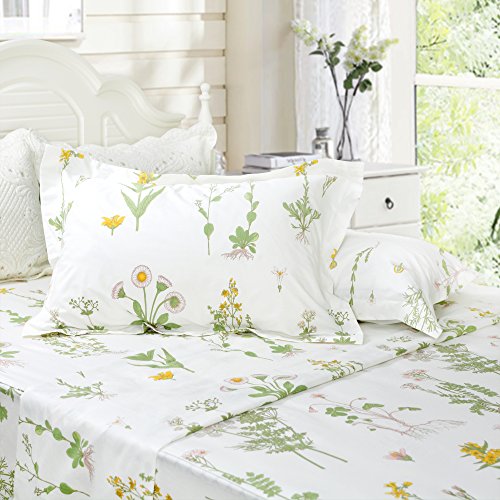 Fadfay Shabby Green Floral Sheet Set 100% Cotton Bed Sheet Set Green White Natural Hypoallergenic Bedding Set,4Pcs-Queen #TOP4
