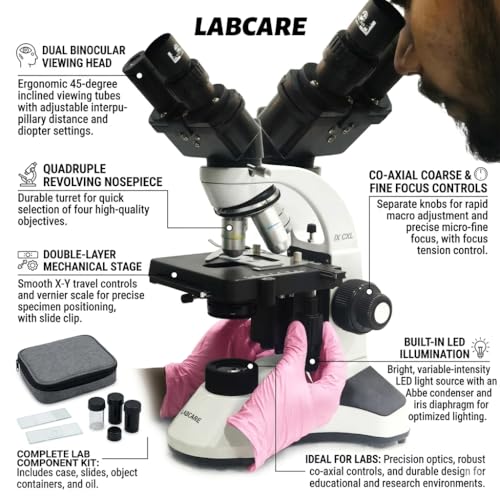 Image of LABCARE 1000X Coaxial Binocular Microscope, 4X, 10X, 40X, 100X Oil Immersion Objectives, 45 Inclined Tube, 360 Rotatable, Battery Backup (LB-WEX-10)