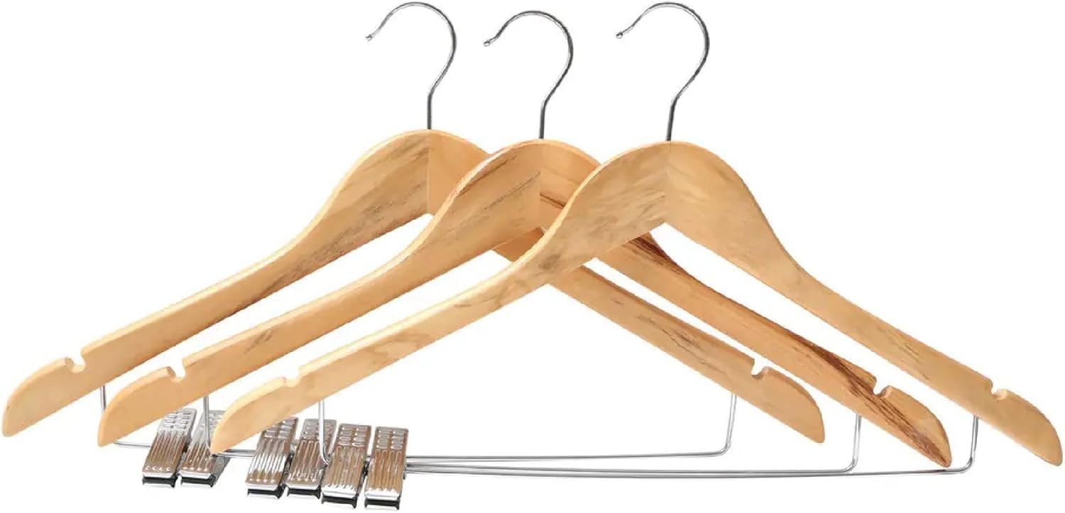 Saving Hub - Wooden Hangers With Metal Clips - Adjustable Metal Clips, 15pcs Solid Smooth Wood Suit Cost Clothes Hanger - 360° Swivel Hook - Hanging for Clothes Dress Coat, Jacket, Skirts (15)