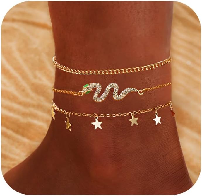 EXGOXAnkle Bracelets for Women 3-7PCS Dainty Layered Ankle Bracelets 14K Gold Plated Anklet Bracelets Set for Women Cuban Link Chain Heart Beaded Anklets Summer Beach Foot Chain Jewelry Gifts