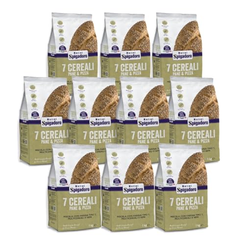 Molini Spigadoro Mix 7 Cereali per Pane e Focaccia (10 pezzi x 1kg) miscela con farina tipo1 da grano 100% Italiano, Decorticato con farina di avena, orzo segale, farro, riso e semi