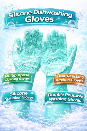 Image of Silicone Dishwashing Gloves with Built-In Scrubber | Reusable Cleaning Gloves for Kitchen & Household Use | Heat Resistant Hand Gloves for Washing Dishes & Plate Cleaning (Green, 1 Pair)
