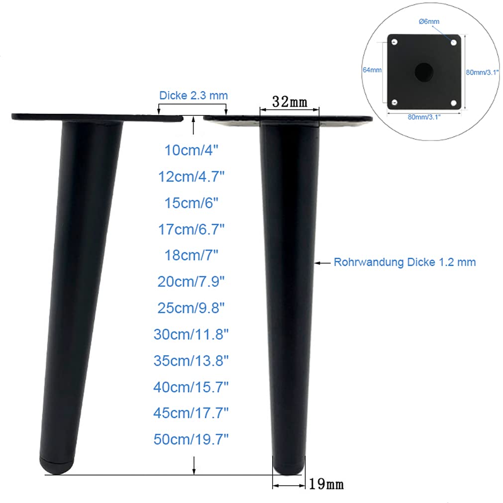 Set di 4 gambe regolabili per mobili in metallo, robuste gambe per divano in ferro nero, 10,55 cm, zincate con cuscinetti in plastica spessa e viti incluse, perfette per divano e tavolo