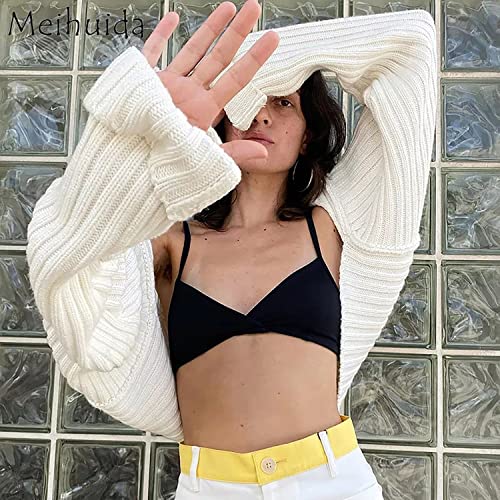 Cioatin Women’s Puff Long Sleeve Rib Knit Bolero Shrug Crop Cardigan Y2K Open Front Drop Shoulder Sweater Pullover White #TOP3