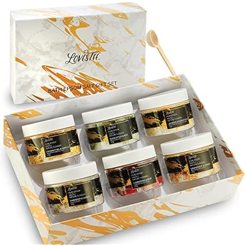 Valentines Day Epsom Salt Spa Gift Set of 6 Bath Salts - Coconut Vanilla, Jasmine Osmanthus, Eucalyptus Mint, Lavender Honey, Chamomile Rose, Grapefruit Lemon for Bath Gift Set for Women Baskets Cover