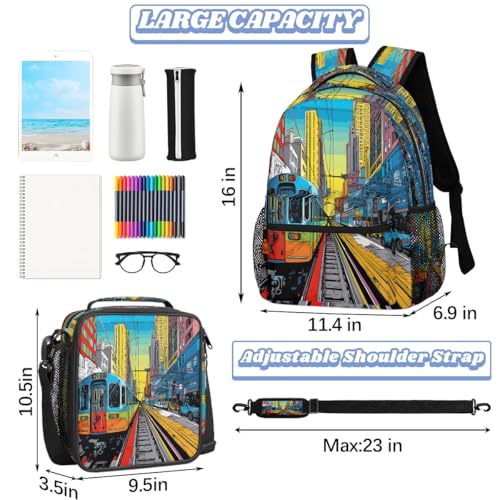 City Subway Rail Backpack with Lunch Box Travel Backpack Bookbag & Lunch Bag Insulated Lunchbox Waterproof Daypack Laptop Backpack Freezable Lunch Bag2