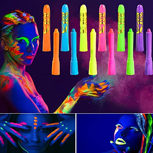 12Pcs Glow in The Dark Body Paint Crayons, Washable Neon Face and Body Paint Sticks Face Painting Kits for Kids, Fluorescent Body Makeup Glow in The Dark Face Paint for Mardi Gras Christmas Gifts