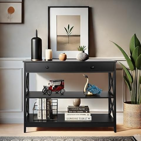 Nouva Black Console Table, 3-Tier 40 Inch Entryway Table Hallway Table Long Narrow Sofa Table w/Storage Shelves Drawer, Entrance Table for Living Room,Foyer,Office Cover