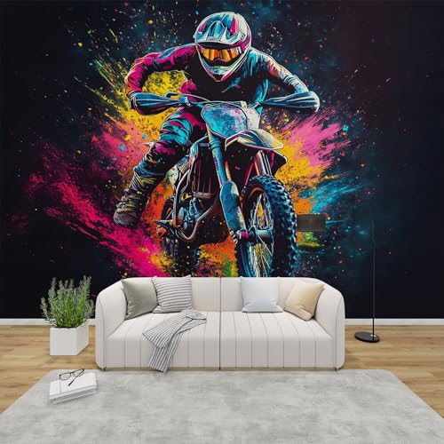 MMYAOKEN Papier Peint Panoramique Dirt Bike 250x175 cm - Décoration Murale Garçon Moto Cross Graffiti - Tapisserie Murales Papier Peint Intissé pour Chambre...