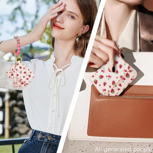 Image of Keychain Wallet for Women,RFID Wristlet Wallet with Beaded Strap | Tri-Fold Design,6 Card Slots,ID Window,Zipper Coin Pocket,Lightweight Carry
