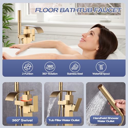 Grifería de Piso para Bañera Freestanding Waterfall, Llena Bañera con Ducha de Mano, Acabado Dorado Cepillado miniatura 4