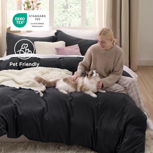 Image of Bedsure Prewashed Duvet Cover Queen, Cotton-Like Soft Bedding Set, Black | Ultra Soft, Relaxed Texture, 90 inchx90 inch Breathable Comfort, Hidden Zipper, 8 Corner Ties, Easy Care, OEKO-TEX, Year-Round Use