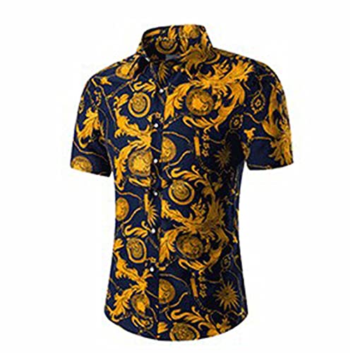 JanJean Mens Printed 2 Pieces Hawaiian Shirt Suits Short Sleeve Button Shirt with Drawstring Shorts Beachwear