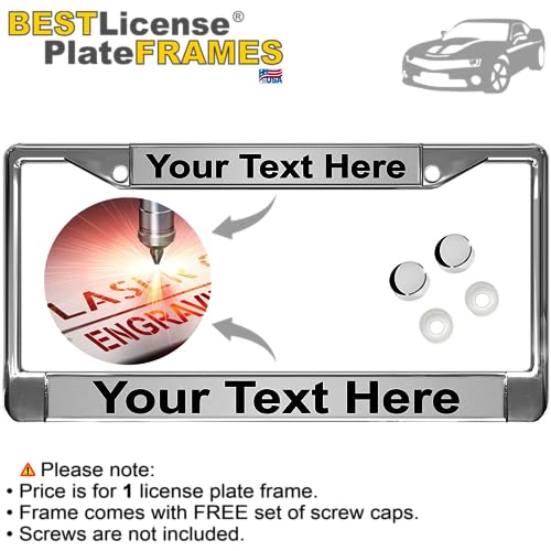 Image of Custom Personalized Chrome-Plated Metal Laser Engraved Standard Size - Car /Automobile License Plate Frame with Free caps - Silver /Black Text (Qty: 1 Frame)