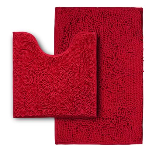 Flotstiga Bathroom Rugs Sets 2 Piece Super Absorbent Soft Thick Machine Washable Chenille Bath Mat Non Slip Toilet Floor Rug Bath Mats for Bathroom 20x32 Plus 20x20 U Shape Red