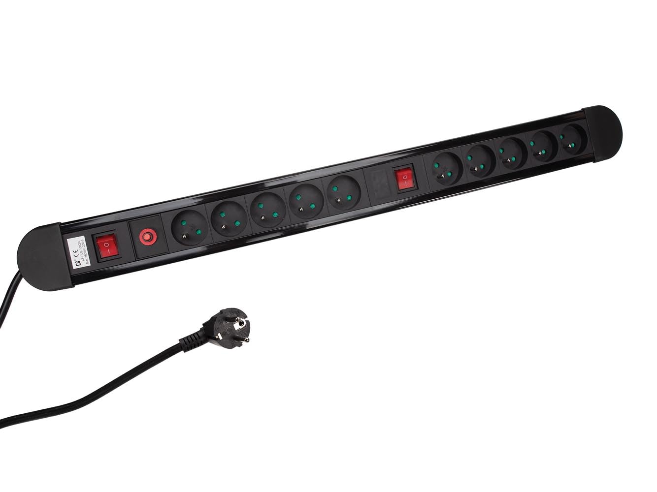 Perel Regleta EBP10N con Interruptor y protección contra sobretensiones, 10 enchufes Tipo E con Toma de Tierra, Cable H05VV-F 3G1.5 de 1,5 m, 3500 W, IP20, Negro, Incluye Kit de Montaje