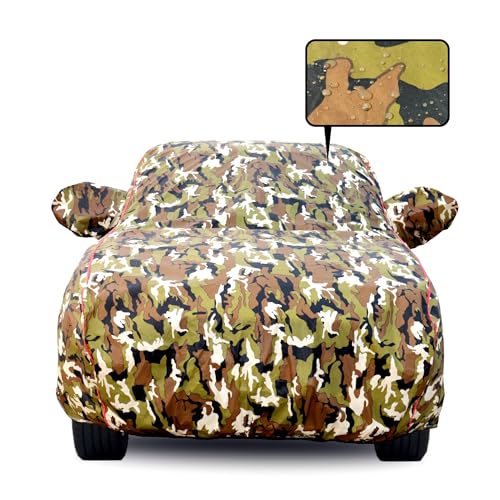 Image of Waterproof Car Body Cover for Audi Q3 with Mirror Pocket, Soft Cotton Lining, Triple Stitched, Full Bottom Elastic (Heat Resistant Jungle Print with Red Piping)