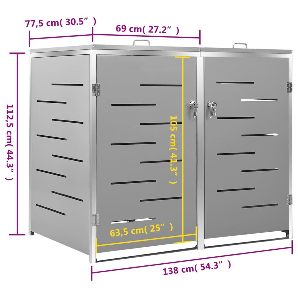 vidaXL Abri pour Deux Poubelles, Cache-Poubelle avec Couvercle, Boîte de Rangement à Poubelles Jardin Extérieur, 138x77,5x112,5 cm Acier Galvanisé