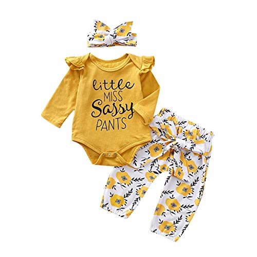 3PCS Set Newborn Baby Girls Clothing Set Tracksuit Romper Jumpsuit Tops Floral Pants Headband Outfits Clothes Set 0-6 Months