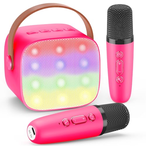 Dislocati Tragbarer Karaoke Maschine mit 2 Bluetooth Mikrofon, Kinder Geschenke Spielzeug für 3-12 Jahre Mini Karaoke Mikrofon Set mit DSP & LED-Lichtern Ideal für Familienfeiern, Partys & Outdoor