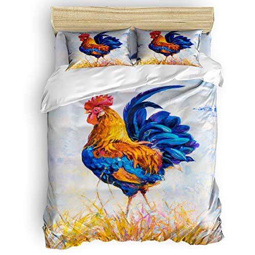 Yogaly Home Bedding Set 4 Pieces Queen Size for Adults/Teens/Children/Baby Farm Field Rooster Printed Bed Sheets, Duvet Cover, Flat Sheet, Pillow Covers