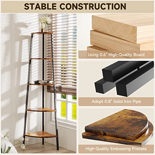 Lazeyard 5 Tier Corner Shelf Stand, Corner Bookshelf, Corner Ladder Shelf For Bedroom, Living Room, Balcony, Office, Kitchen 62.6Inches (Rustic Brown) #TOP4