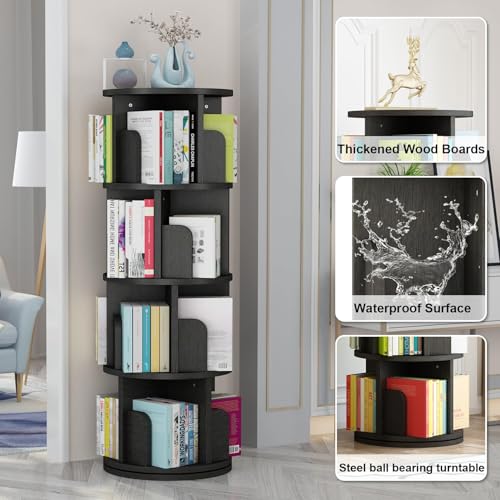 Rotating Bookshelf, 4-Tier Bookcase Storage Rack for Kids & Adults, Corner Spinning Book Shelf for Small Space, Wood Revolving Bookcase Organizer for Bedroom, Living Room, Black