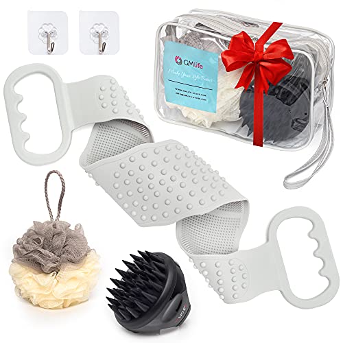 Silicone Back Scrubber for Shower with Scalp Massager Shampoo Brush - GMlife Bathroom Set with Silicone Body Scrubber, Hair massager scalp brush and Bath Sponge - Silicone Bath Body Brush - Gift Set