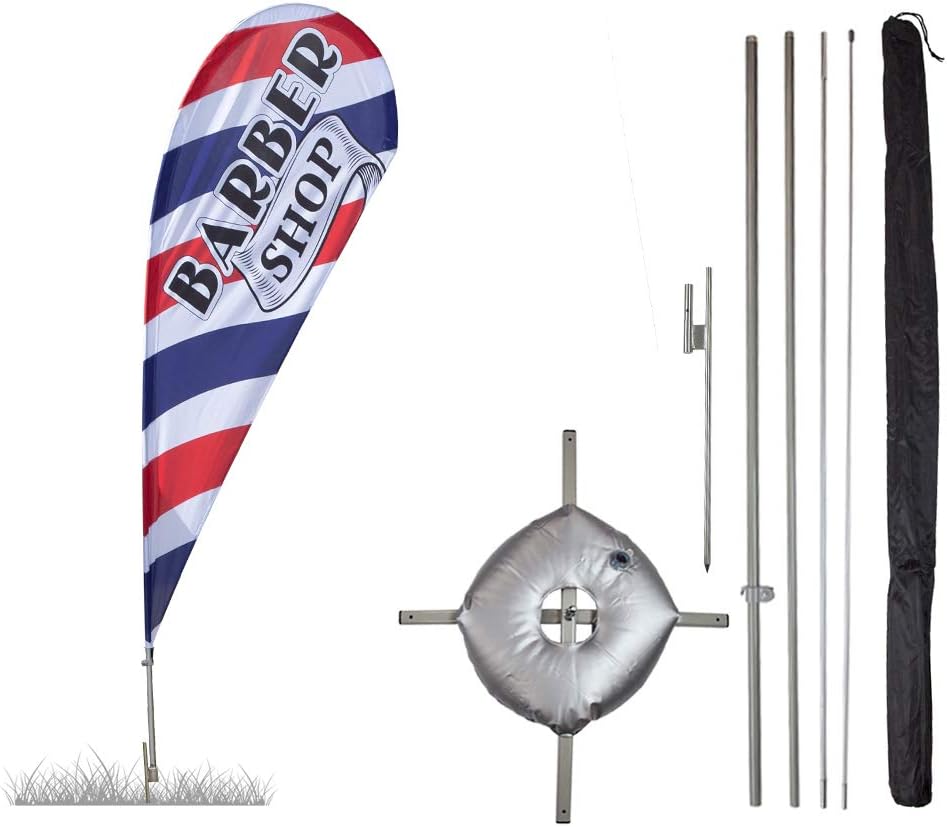 Vispronet Premium Barbershop Feather Flag Kit - Includes 10.5ft Sectional Aviation Grade Fiberglass Poles, Barbershop Flag, Ground Spike, and Pole Sleeve Bag