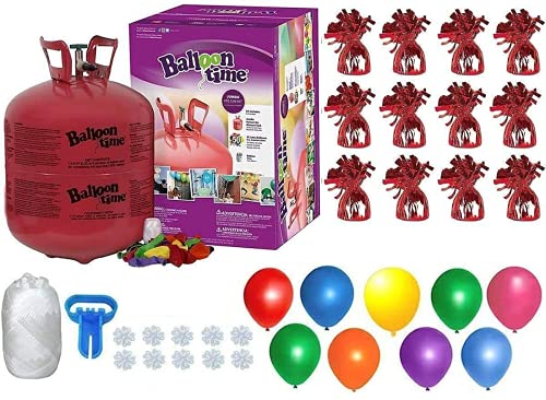 Helium Tank with 50 Balloons and White Ribbon + 12 Red Balloon Weights + Plus Balloon Tying Tool