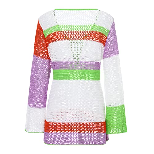 Image of Women Crochet Knit Mini Dress Colorful Striped Long Sleeve See Through Mesh Cover Ups Summer Beach Wear