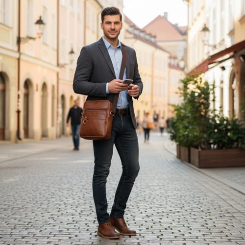 Image of Men's Leather Sling Bag Crossbody Messenger Shoulder Bag | Stylish Office Travel Side Bag with Multiple Compartments, Adjustable Strap & Secure Pockets for Daily Use
