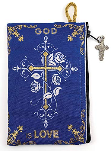 Image of Catholic Rosary Pouch, 4 inch x 6 inch Jewelry & Coin Purse with Cross, Small Woven Tapestry Icon Bag, Bolsa de Rosario Catolico para Joyeria, Mary Queen of Heaven & God is Love, 4 inch x 6 inch